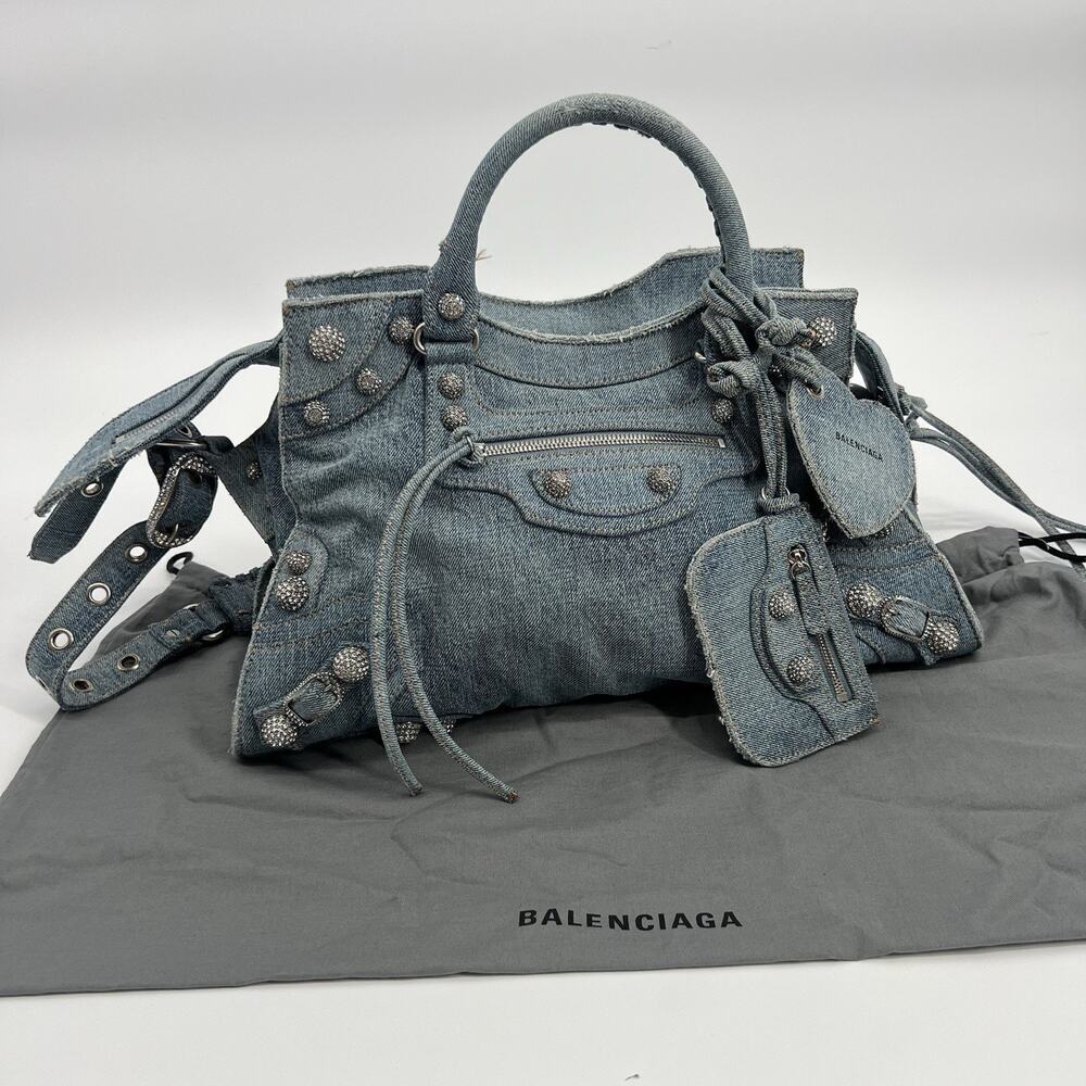 AUTHENTIC BALENCIAGA Neo Cagole City Handbag Denim Rhinestone Bag 2023